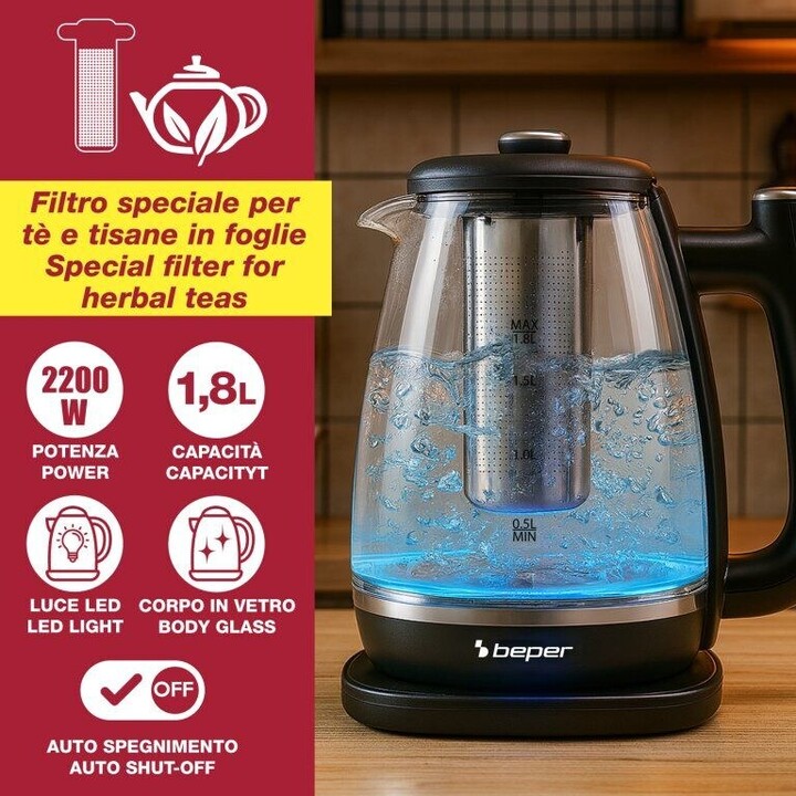 Beper P101BOL200 chaleira elétrica de vidro preta