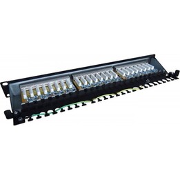 Patchfeld 19", 24 Anschlüsse, CAT6, S/FTP, 1U, Kabelhalterung, schwarz
