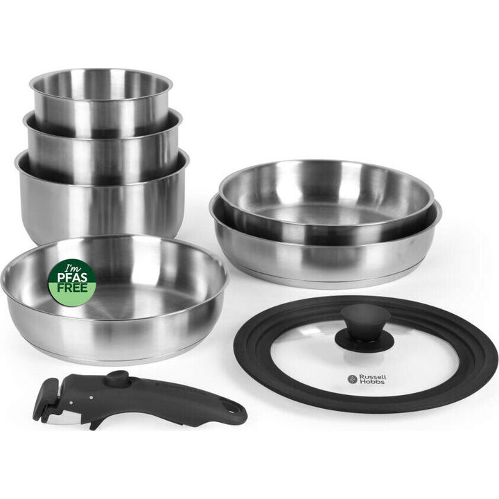 Conjunto de panelas Russell Hobbs RH04041 em aço inoxidável com 8 peças e sistema Smart Clip