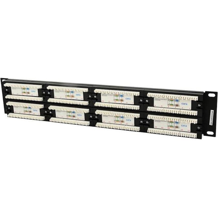 Panneau de raccordement 19 pouces Cat.6 à 48 ports avec système de gestion des câbles, noir