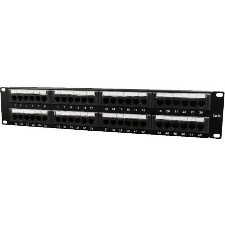Painel de ligação de 19", Cat. 6, com 48 portas e função de gestão de cabos, preto