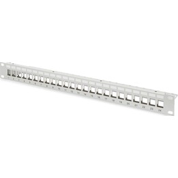 Panneau de brassage modulaire 19" 24 ports pour modules Keystone, 1U, blindé, guide-câbles, zones d'étiquetage, gris