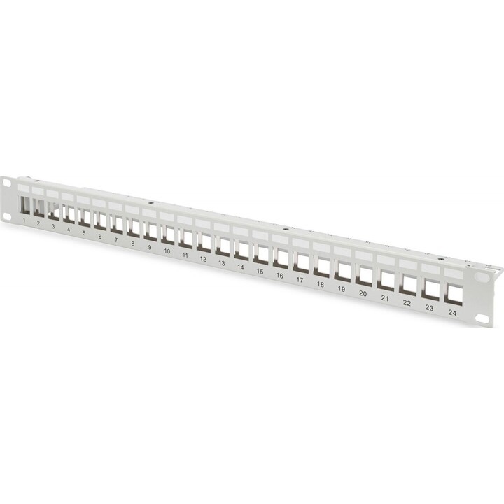 Panneau de brassage modulaire 19" 24 ports pour modules Keystone, 1U, blindé, guide-câbles, zones d'étiquetage, gris