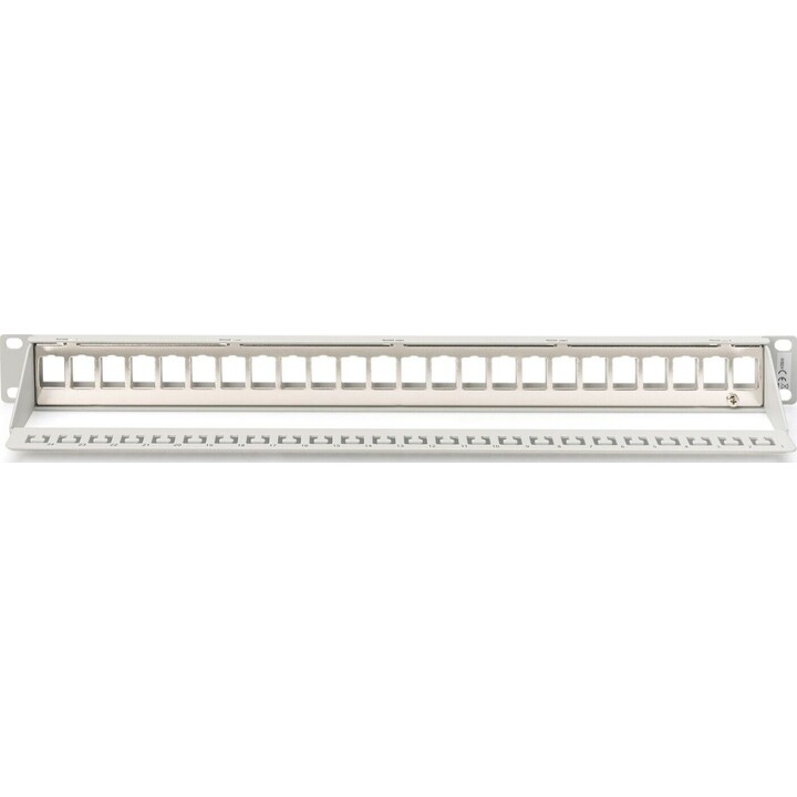 Panneau de brassage modulaire 19" 24 ports pour modules Keystone, 1U, blindé, guide-câbles, zones d'étiquetage, gris