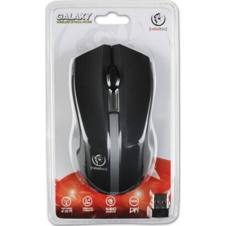 Wireless optical mouse, GALAXY black/silver, rubber surface