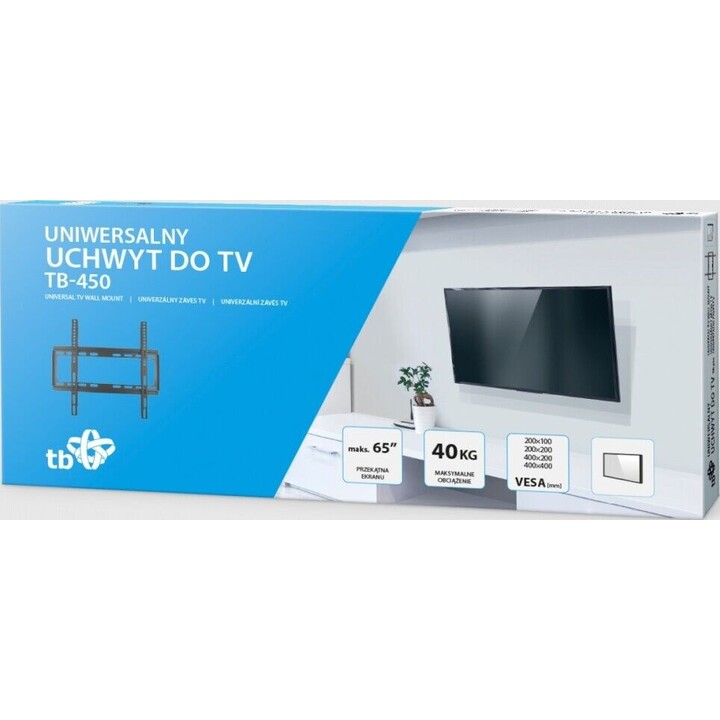 Suporte de parede para TV TB-450 para TVs de até 65 polegadas, com capacidade máxima de 40 kg e padrão VESA 400x400.