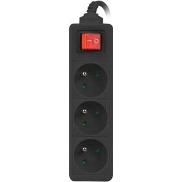 Power strip 1.5 m, black, 3 sockets, with switch, cable made of solid copper