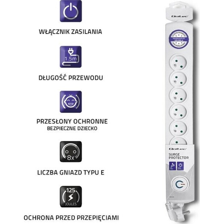 Surge protector 8 sockets, 1.5m
