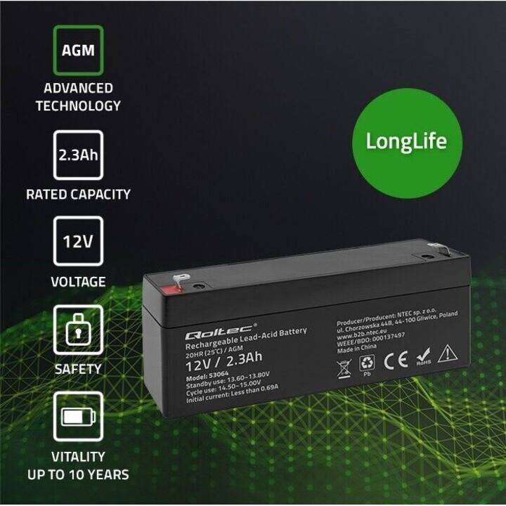 Qoltec batteria AGM 12V 2,3Ah nera