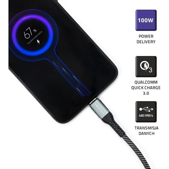 Qoltec Cable USB 2.0 tipo C 100W QC 3.0 PD 1m negro