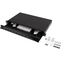Glasfaser-Verteilerkasten 12XSC Simplex/12XLC Duplex, 19" 1HE, schwarz + Zubehör