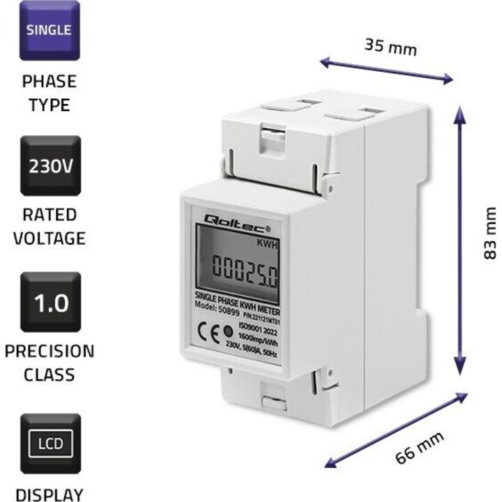 Single phase consumption meter, 230V, DIN rail