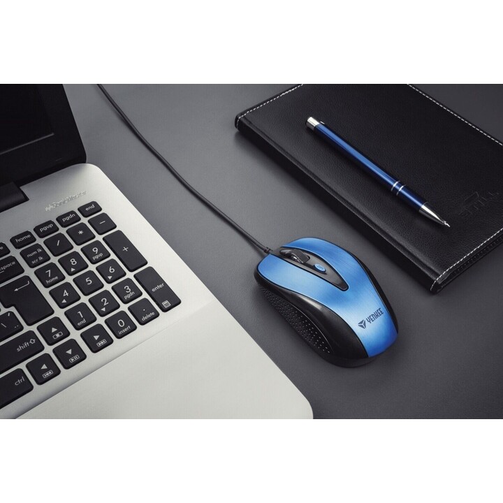 Souris filaire USB, 4 boutons, optique, symétrique, bleue