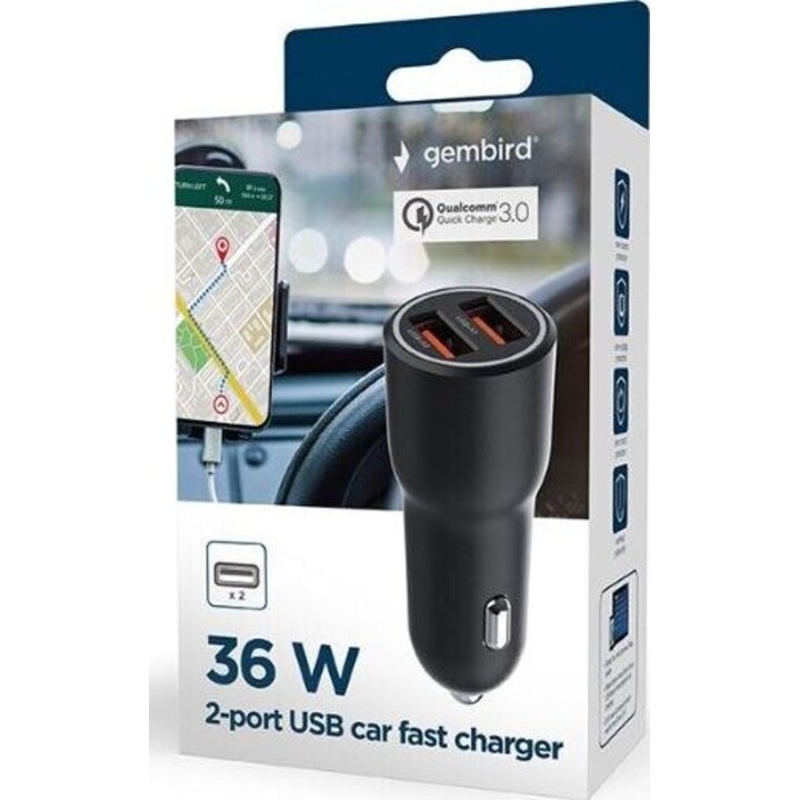 Cargador de coche 2xUSB-A QC3.0 36W negro