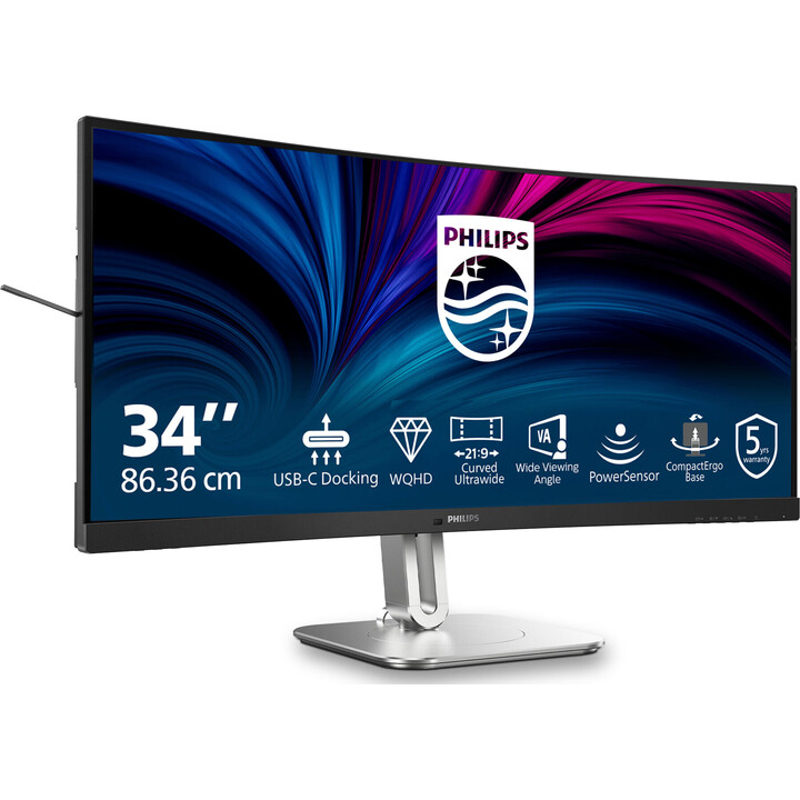 Monitor 34B2U5600C de 34 polegadas curvo VA com 2 entradas HDMI, 2 DisplayPort, USB-C e alto-falantes.