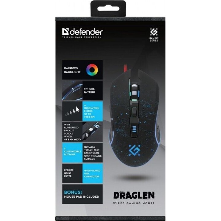 DEFENDER Draglen GM-907 rato gaming com fio preto