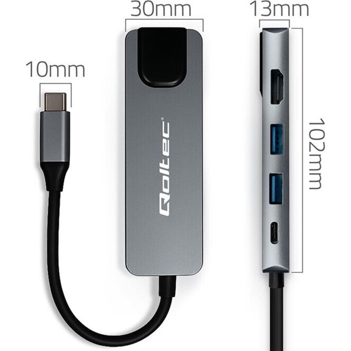 Hub USB-C 5 en 1 : USB-C PD 100 W, 2 ports USB, HDMI 4K, RJ45