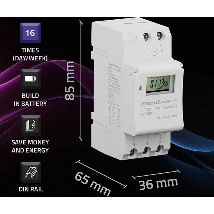 Electronic timer switch for DIN rail with battery