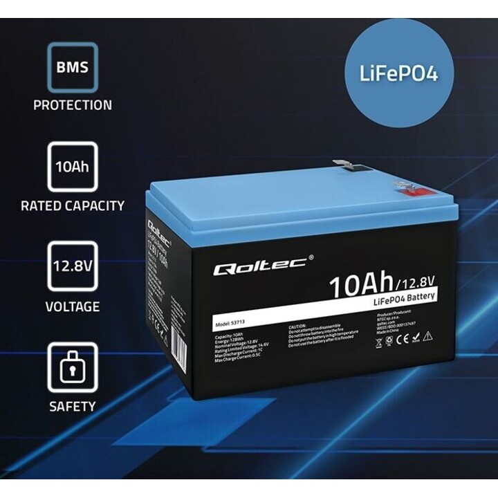 Batterie lithium-fer-phosphate (LiFePO4) | 12,8 V | 10 Ah | 128 Wh | BMS