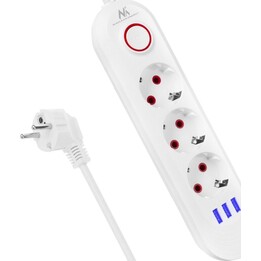 Multiprise MCE394W, 3 prises, 3 ports USB, 110-240 V CA 50/60 Hz, 2,1 A max., 2500 W, blanche