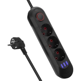 Multiprise MCE394 B, 1,5 m, 3 prises + 2 ports USB, 110-240 V CA 50/60 Hz, 2,1 A max. 2500 W, noire