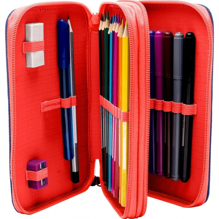 Estuche para lápices con 2 cremalleras y accesorios de Spiderman rojo y azul