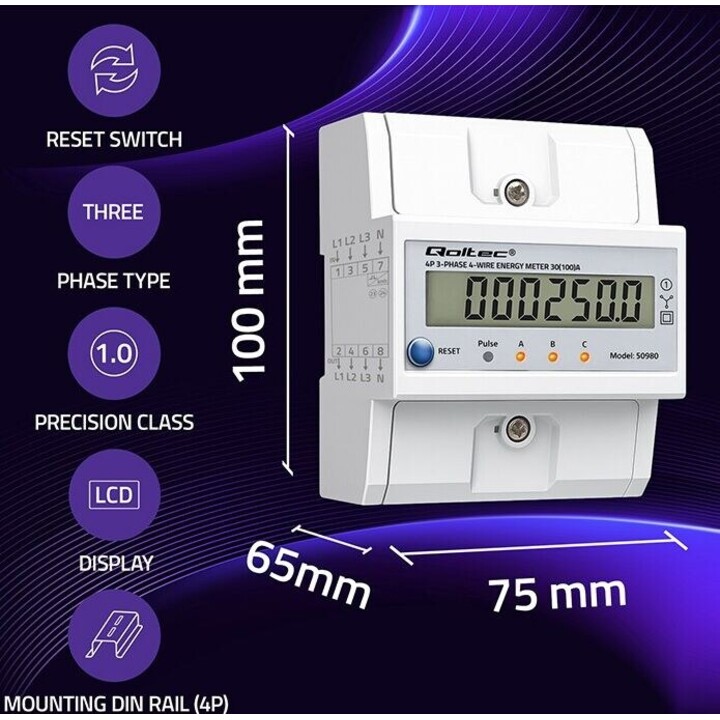 Three phase energy meter with reset 400V 100A