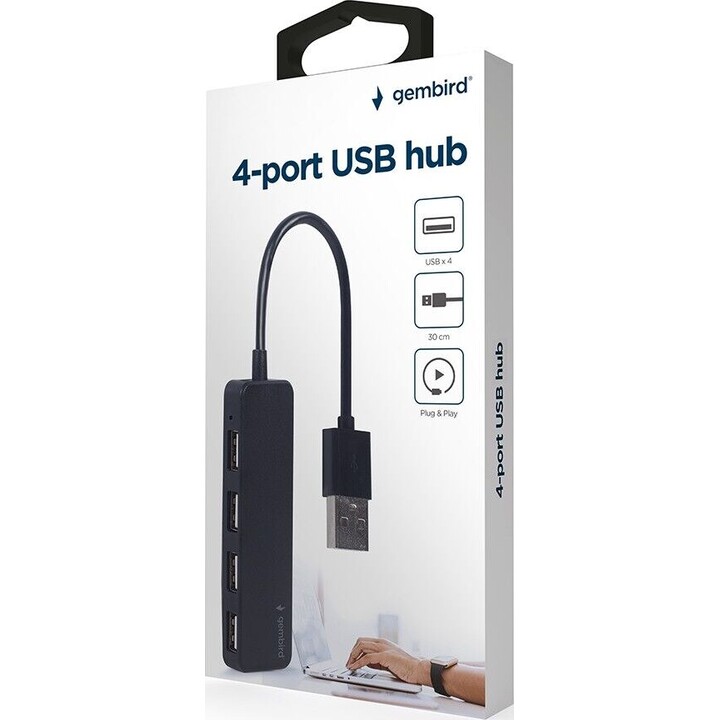 Hub USB 2.0 com 4 portas USB 2.0, preto