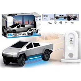 Carro de controle remoto futurista com estação de carregamento.