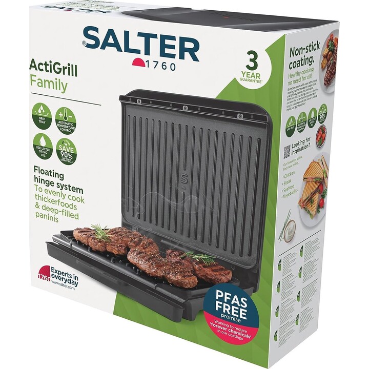 Grill Salter ActiGrill Family 8 portions, grand modèle santé, charnière flottante pour les aliments plus épais et les paninis bi