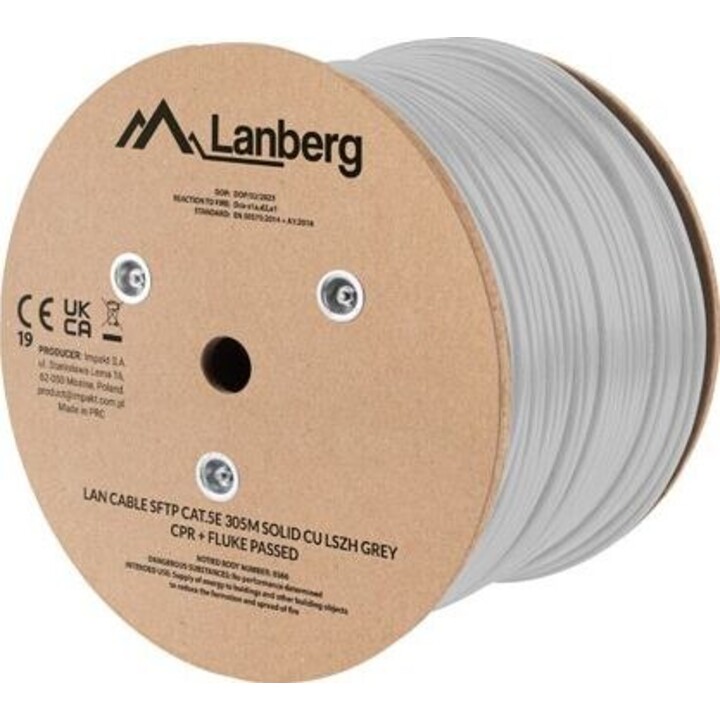 LAN-SFTP-Kabel Kat. 5e, 305 m, Draht CU LSZH CRP+Fluke, geprüft, grau