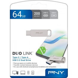 PNY Duo Link USB-Stick – 64 GB · USB-A · USB-C · Edelstahl