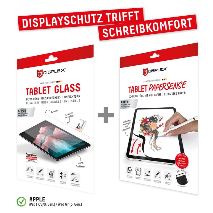 Película de vidro temperado DISPLEX e capa PaperSense para tablet compatível com Apple iPad (7ª a 9ª geração) / iPad Air (3ª ger