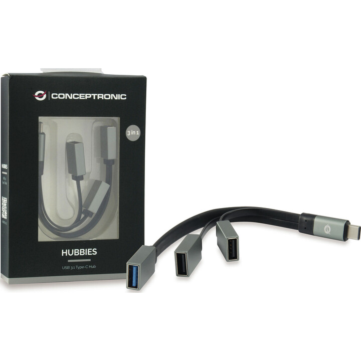 Conceptronic USB-C-Hub mit 3 Anschlüssen (1x USB 3.0 + 2x USB), schwarz