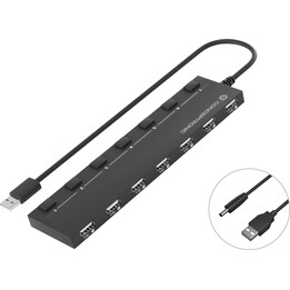 Hub USB Conceptronic com 7 portas USB e interruptores pretos.