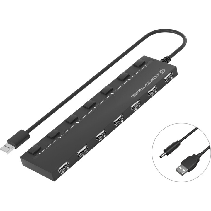 Hub USB Conceptronic com 7 portas USB e interruptores pretos.