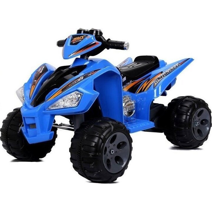 Battery-powered off-road vehicle for children, with LED lights and MP3 player, blue color.