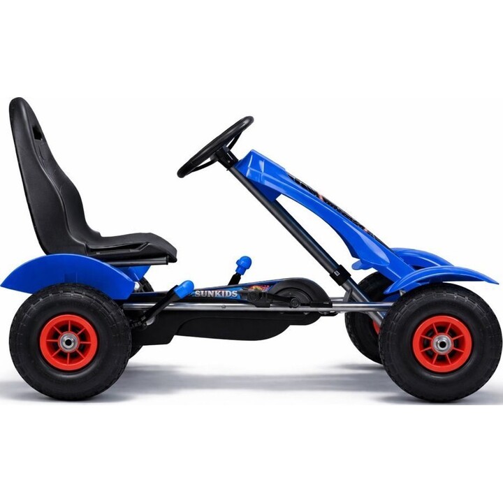 Kart deportivo F618 con pedales y ruedas neumáticas, capacidad de carga de 50 kg, color azul.