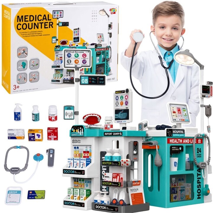 Set medico completo: lettino medico, luci, suoni e accessori (77 pezzi).