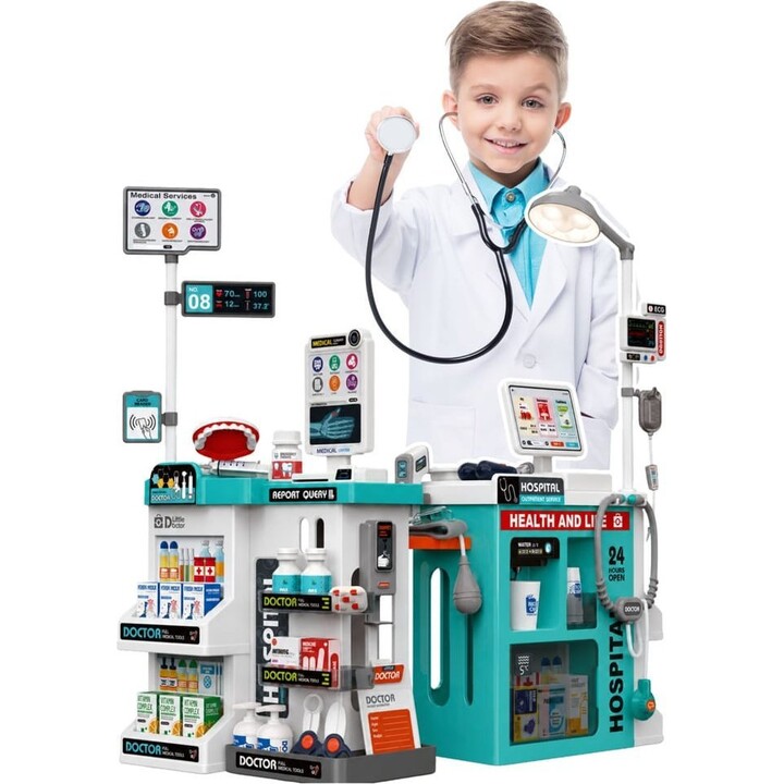 Conjunto médico completo: mesa de exame, luzes, sons e acessórios (77 peças).