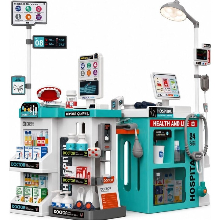 Set medico completo: lettino medico, luci, suoni e accessori (77 pezzi).