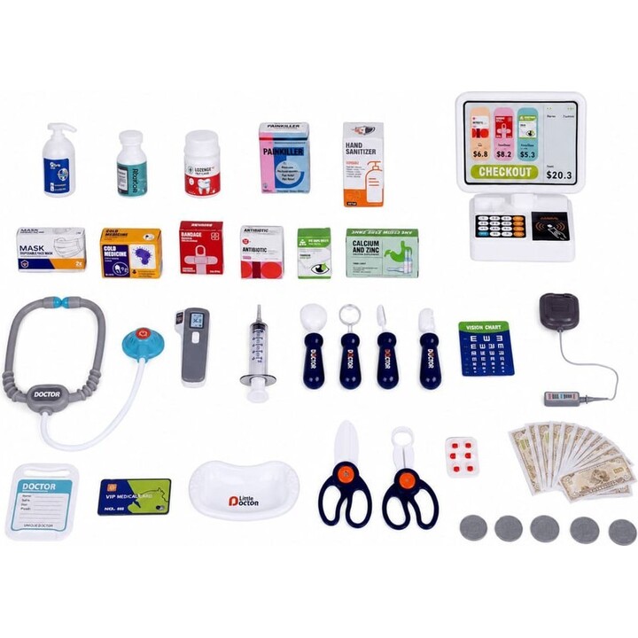 Set medico completo: lettino medico, luci, suoni e accessori (77 pezzi).