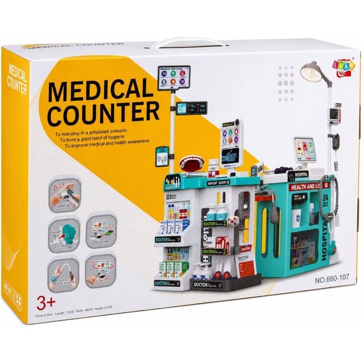 Set medico completo: lettino medico, luci, suoni e accessori (77 pezzi).