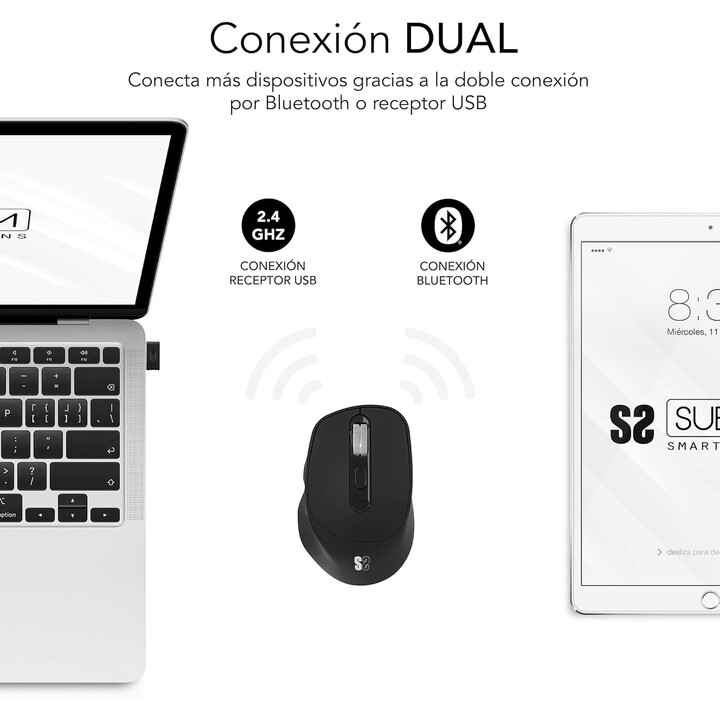 Mouse ergonomico wireless Bluetooth/ Batteria doppia Ergo Subblim Comfort da 2,4 GHz/ Batteria ricaricabile/ Fino a 2400 DPI/ Ne