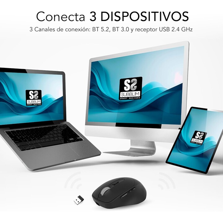 Mouse ergonômico sem fio Bluetooth/ Bateria dupla Subblim Comfort Ergo de 2,4 GHz/ Bateria recarregável/ Até 2.400 DPI/ Preto