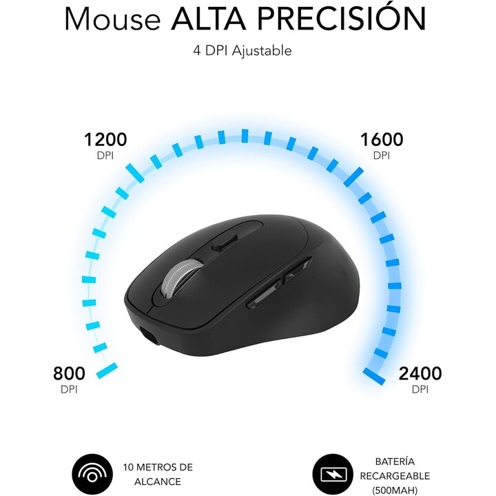 Mouse ergonomico wireless Bluetooth/ Batteria doppia Ergo Subblim Comfort da 2,4 GHz/ Batteria ricaricabile/ Fino a 2400 DPI/ Ne