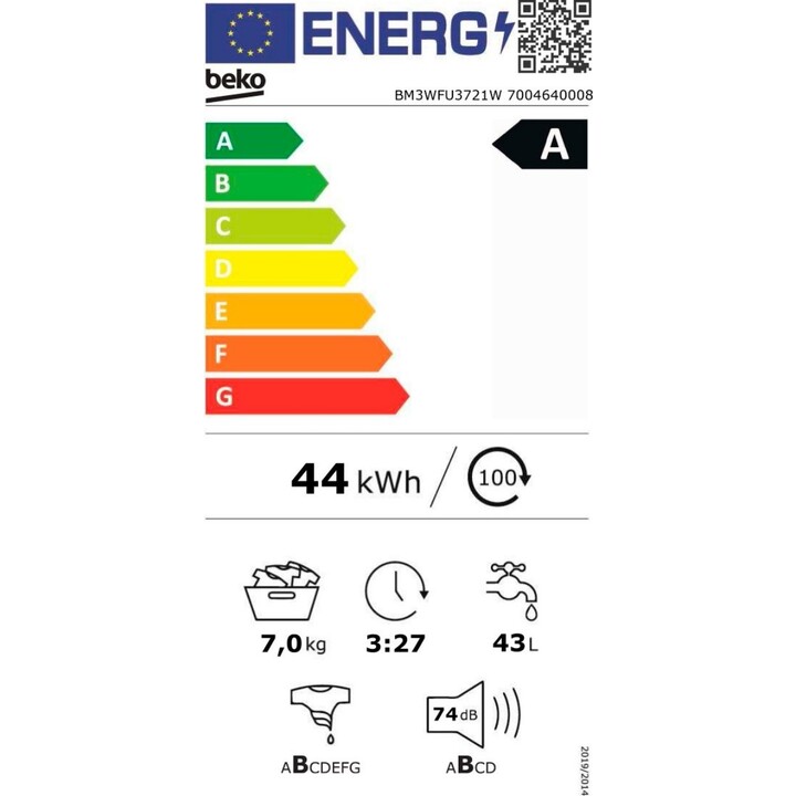 Beko BM3WFU3721WB Frontlader-Waschmaschine, 7 kg, 1200 U/min, Energieeffizienzklasse A, weiß