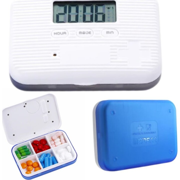 Organizador de pastillas portátil Smartia Pastdig con pantalla digital y 5 alarmas programables, blanco