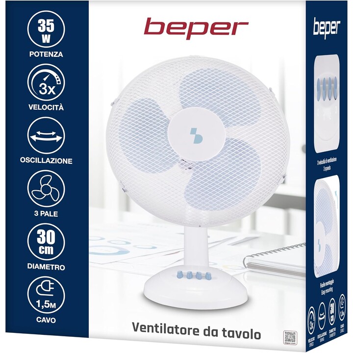 Ventilador de mesa beper P206VEN231, 35 W, 3 pás, grelha de aço com Ø 30 cm, 3 velocidades, inclinação ajustável, oscilação auto