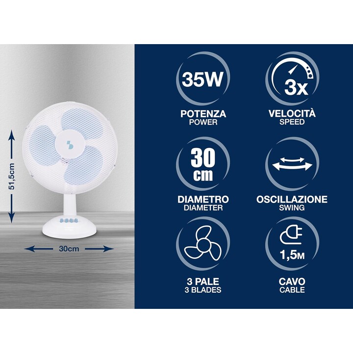 Ventilador de mesa beper P206VEN231, 35 W, 3 pás, grelha de aço com Ø 30 cm, 3 velocidades, inclinação ajustável, oscilação auto